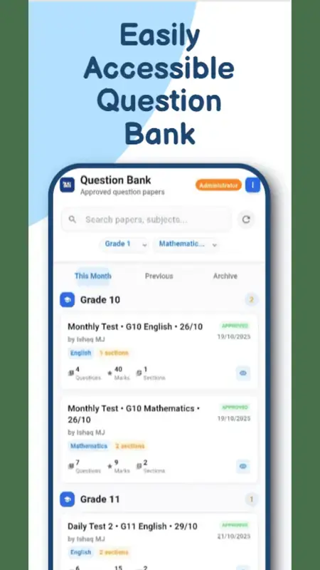 PaperCraft question bank, organised by grade and subject