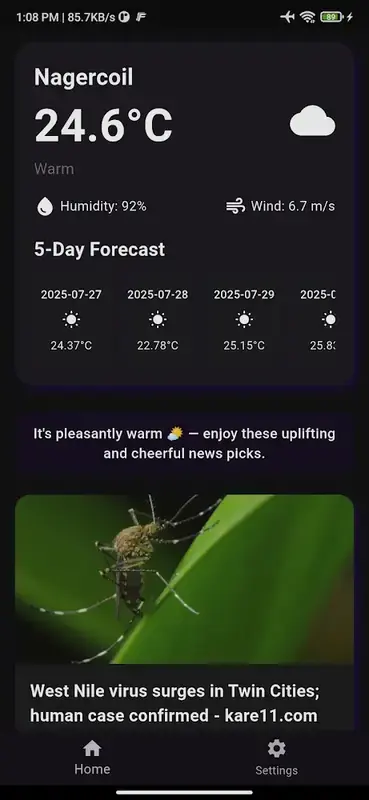 SkyFeed home screen with live weather and news